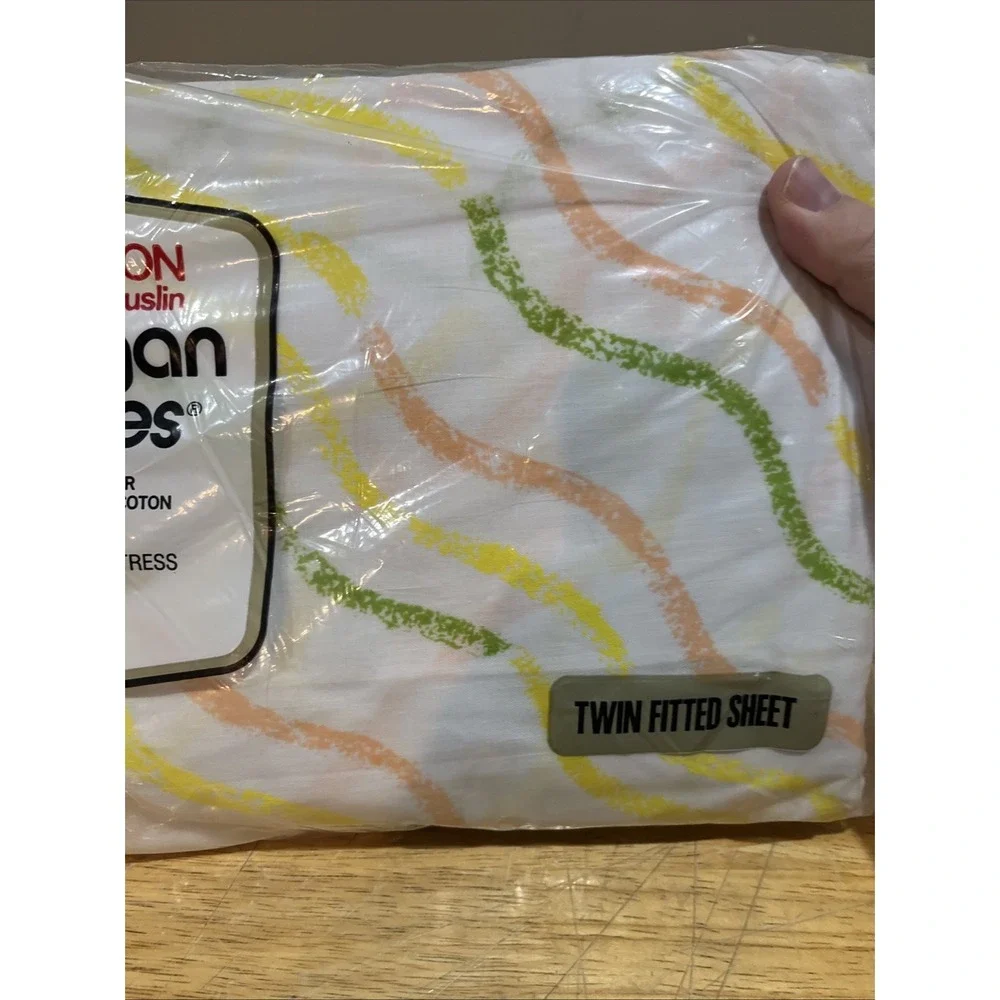 Vtg Morgan Jones Retro Sheets Twin‎ Fitted Flat Squiggle Lines Yellow Green 60s